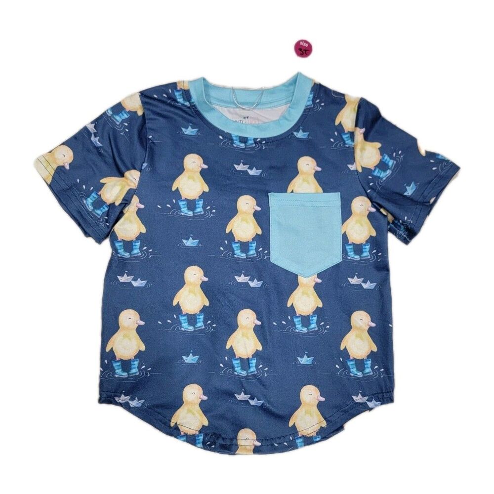 Pete And Lucy Boys Short Sleeve Shirt Size 3T Blue Stretch Duck Print Pocket